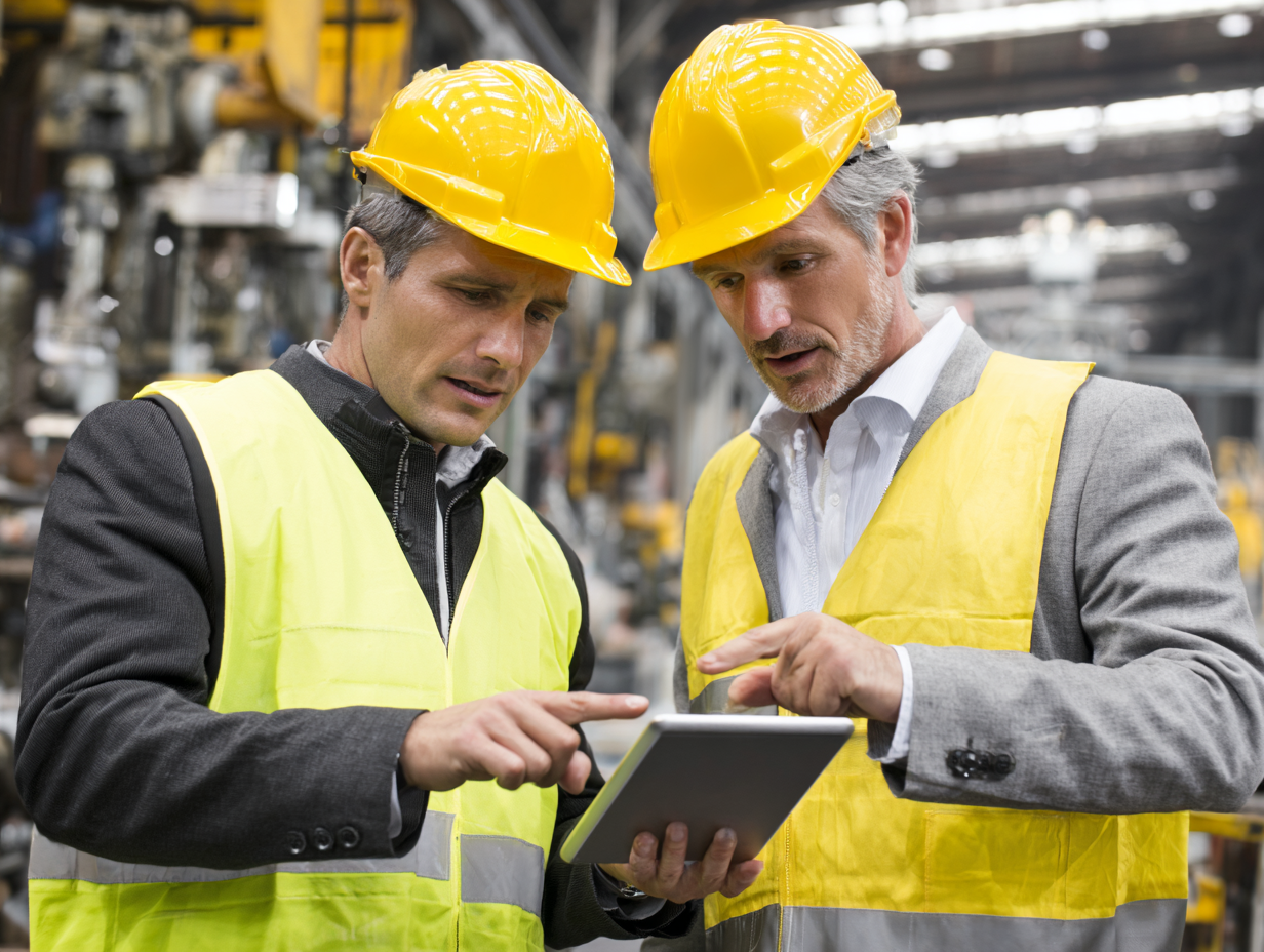 Acoustic consultant reviewing noise assessment results with factory manager on tablet